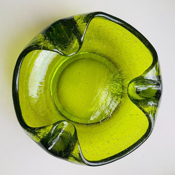 Vintage MCM Avocado Green Crackle Thick Heavy Glass Ashtray Catch All Bowl 7” di